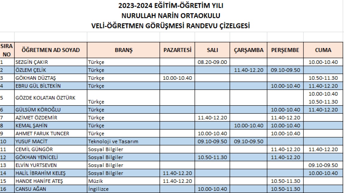 VELİ-ÖĞRETMEN GÖRÜŞMESİ RANDEVU ÇİZELGESİ - Nurullah Narin Ortaokulu